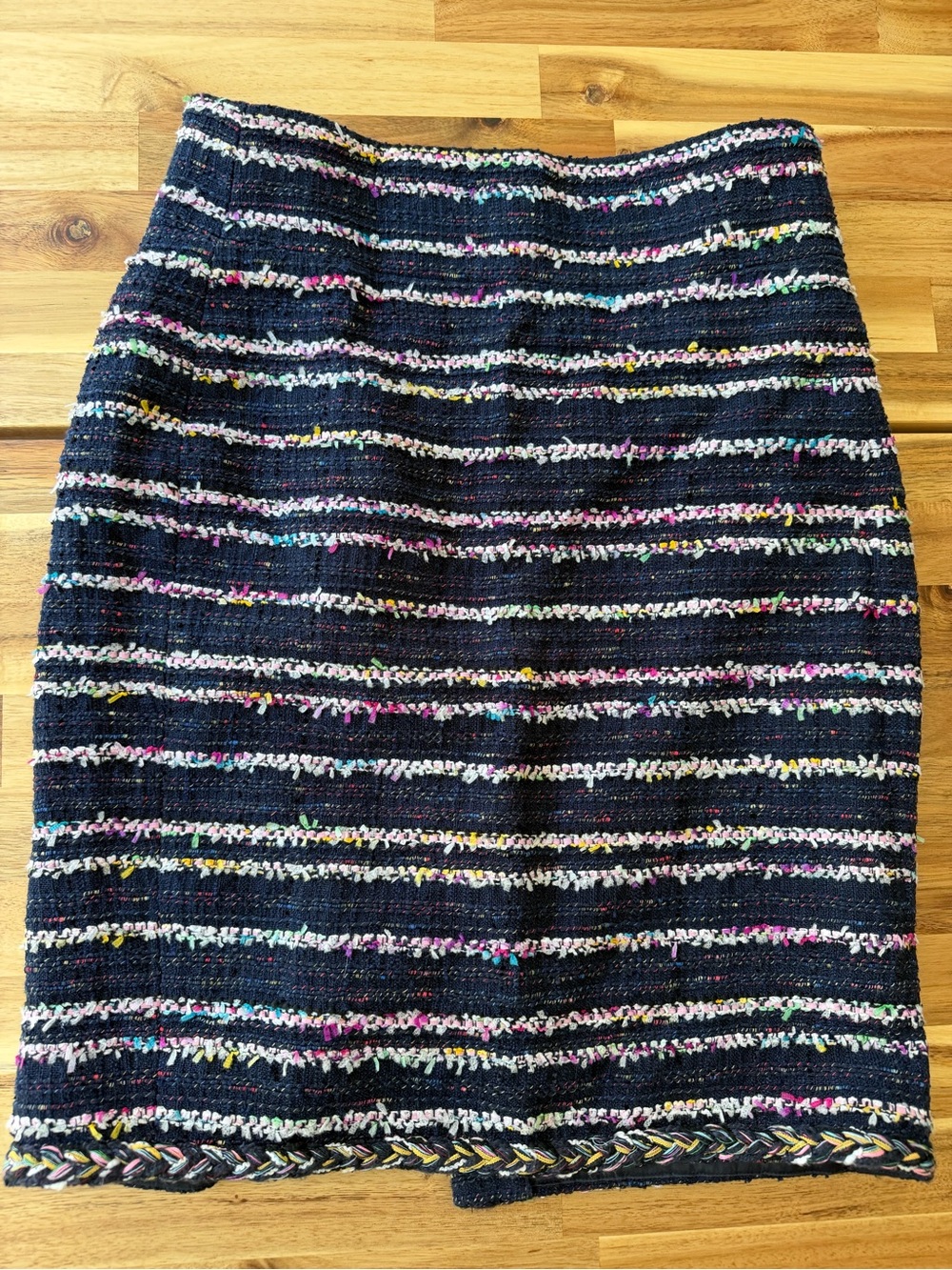 J. Crew Navy Tweed Pencil Skirt with Multicolor Stripes